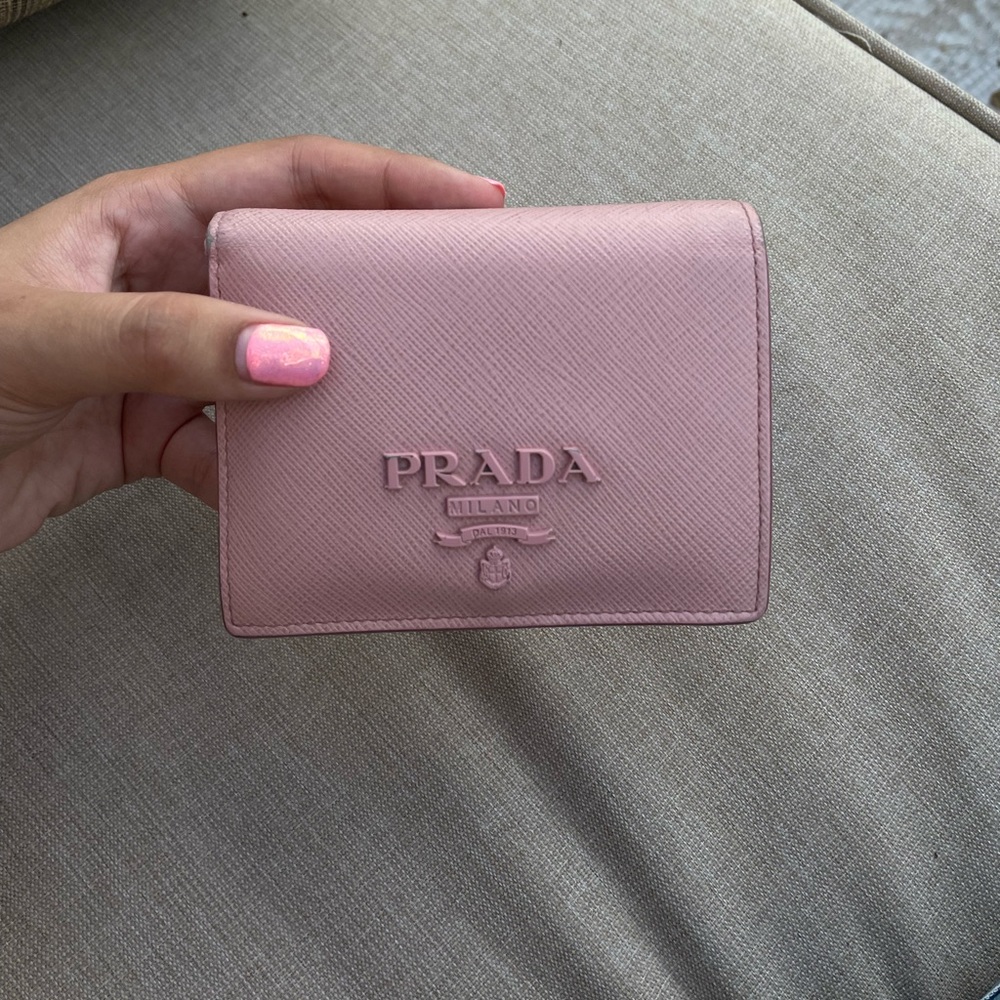PRADA Logo Saffiano Pink Leather Bifold Wallet Purse
